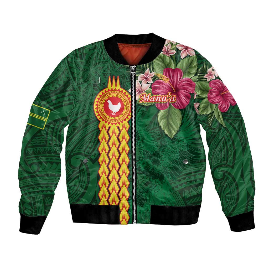 Manuʻa Islands Bomber Jacket Polynesian Style with Rooster Tattoo and Tropical Plants