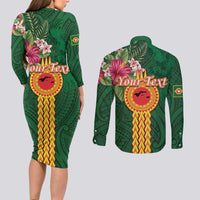 Manuʻa Islands Couples Matching Long Sleeve Bodycon Dress and Long Sleeve Button Shirt Polynesian Style with Rooster Tattoo and Tropical Plants