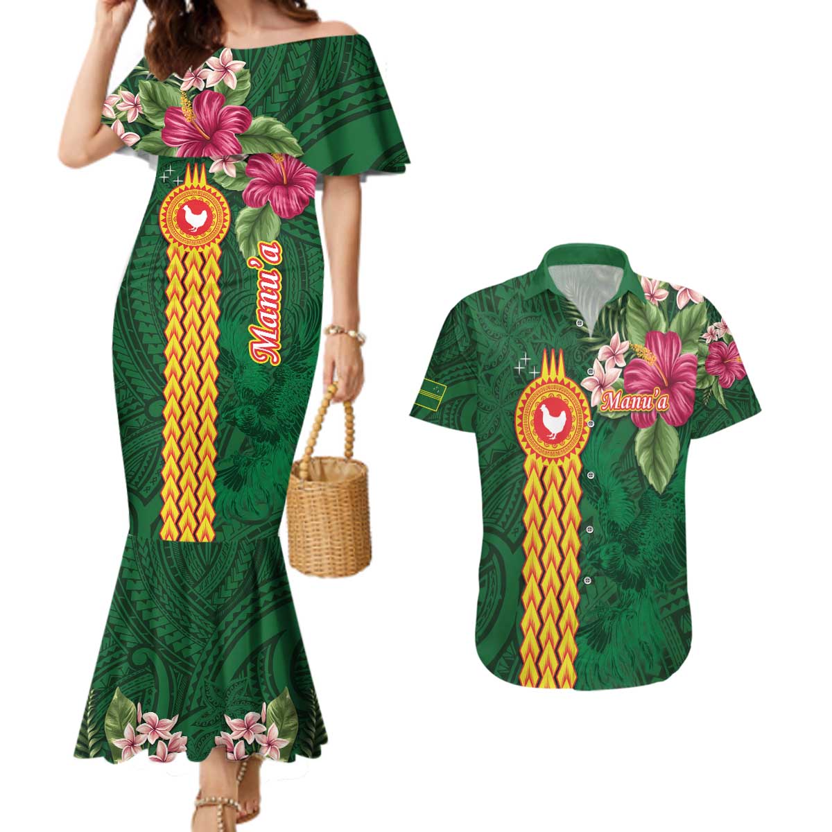 Manuʻa Islands Couples Matching Mermaid Dress and Hawaiian Shirt Polynesian Style with Rooster Tattoo and Tropical Plants