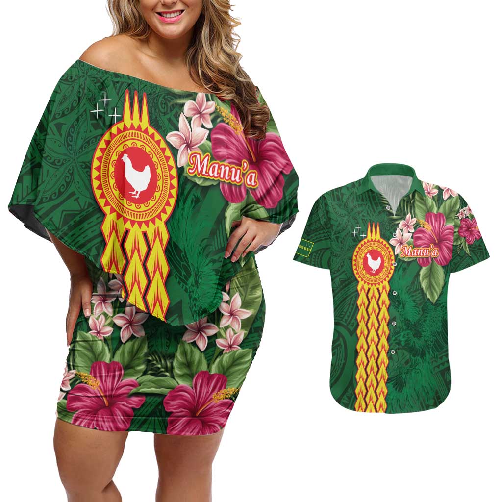 Personalised Manuʻa Islands Couples Matching Off Shoulder Short Dress and Hawaiian Shirt Polynesian Style with Rooster Tattoo and Tropical Plants LT03 Green - Polynesian Pride