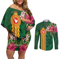 Manuʻa Islands Couples Matching Off Shoulder Short Dress and Long Sleeve Button Shirt Polynesian Style with Rooster Tattoo and Tropical Plants