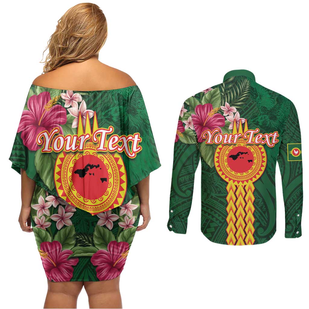 Manuʻa Islands Couples Matching Off Shoulder Short Dress and Long Sleeve Button Shirt Polynesian Style with Rooster Tattoo and Tropical Plants