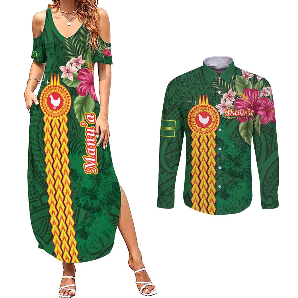 Personalised Manuʻa Islands Couples Matching Summer Maxi Dress and Long Sleeve Button Shirt Polynesian Style with Rooster Tattoo and Tropical Plants LT03 Green - Polynesian Pride