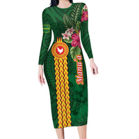 Manuʻa Islands Family Matching Long Sleeve Bodycon Dress and Hawaiian Shirt Polynesian Style with Rooster Tattoo and Tropical Plants