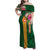 Manuʻa Islands Family Matching Off Shoulder Maxi Dress and Hawaiian Shirt Polynesian Style with Rooster Tattoo and Tropical Plants