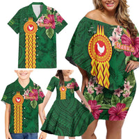 Manuʻa Islands Family Matching Off Shoulder Short Dress and Hawaiian Shirt Polynesian Style with Rooster Tattoo and Tropical Plants