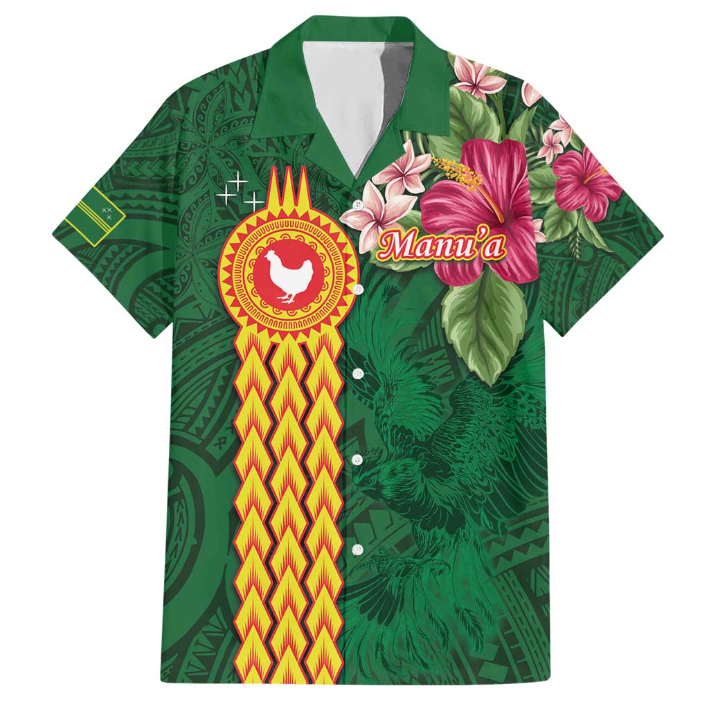 Personalised Manuʻa Islands Hawaiian Shirt Polynesian Style with Rooster Tattoo and Tropical Plants LT03 Green - Polynesian Pride