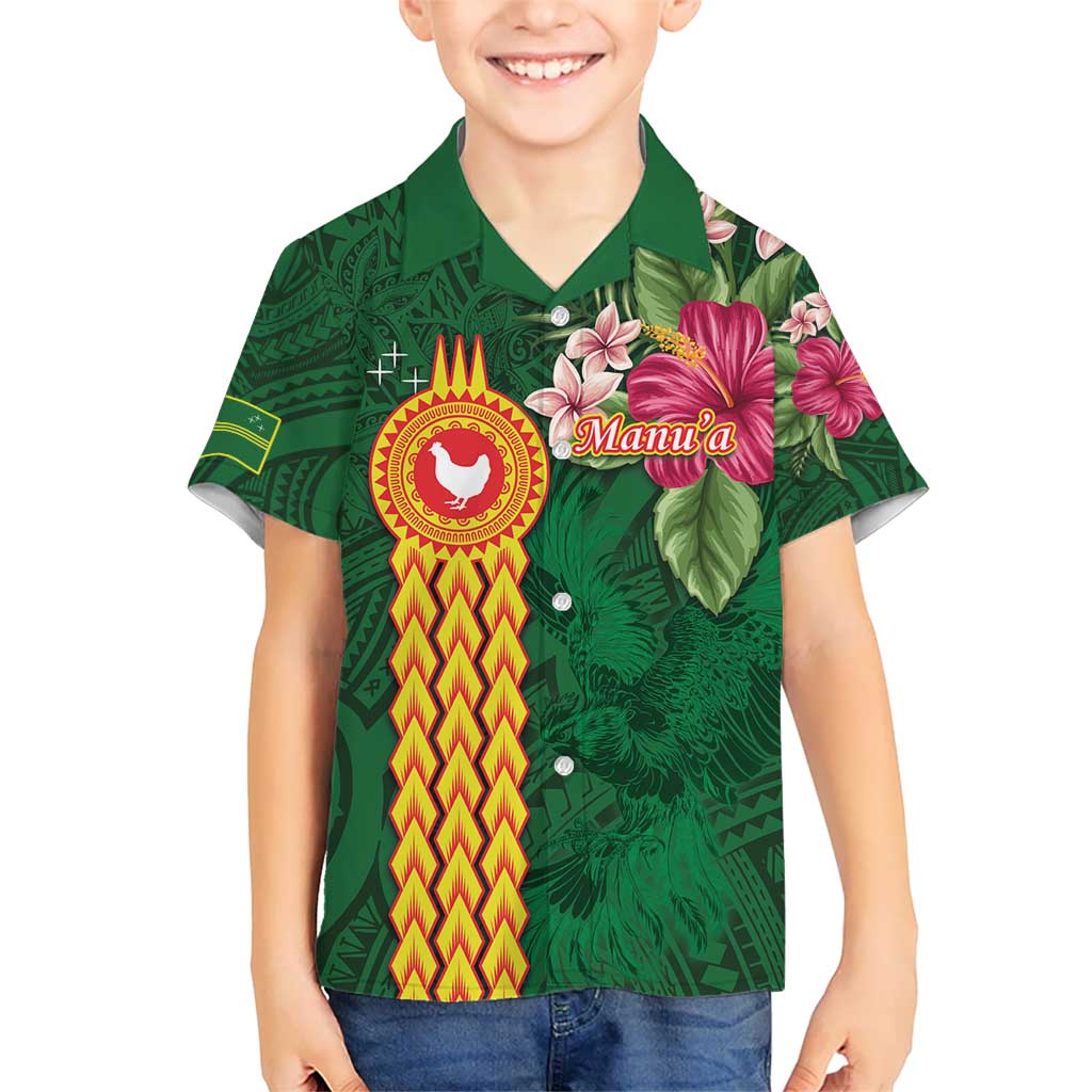 Manuʻa Islands Kid Hawaiian Shirt Polynesian Style with Rooster Tattoo and Tropical Plants