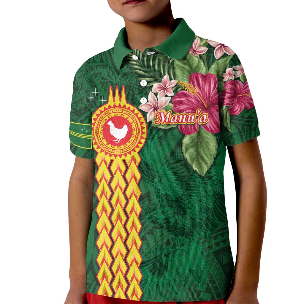 Manuʻa Islands Kid Polo Shirt Polynesian Style with Rooster Tattoo and Tropical Plants
