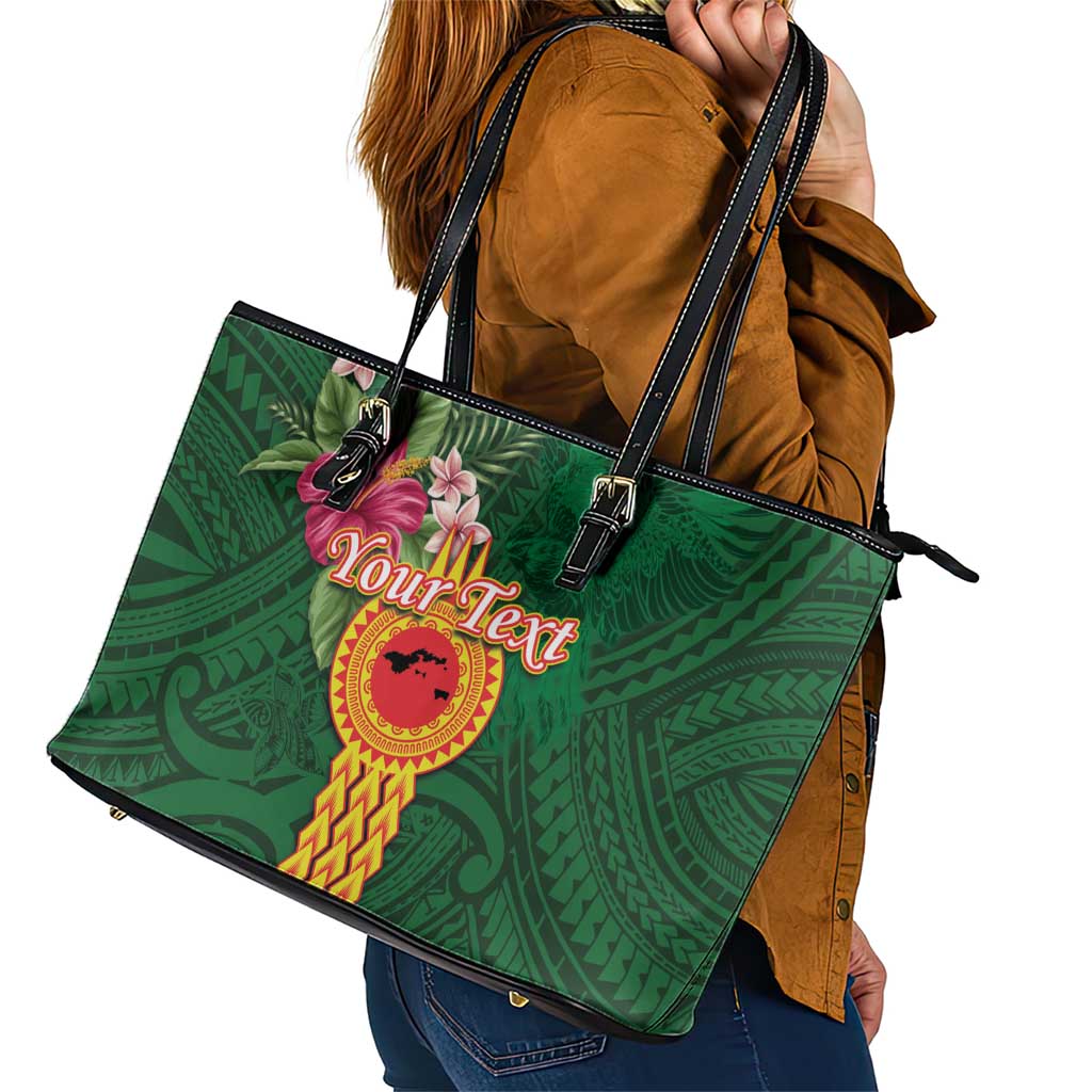 Manuʻa Islands Leather Tote Bag Polynesian Style with Rooster Tattoo and Tropical Plants