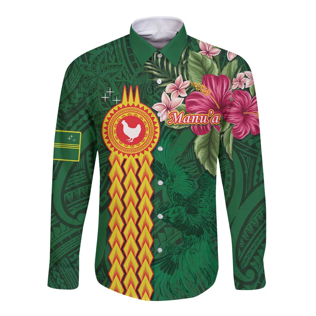 Personalised Manuʻa Islands Long Sleeve Button Shirt Polynesian Style with Rooster Tattoo and Tropical Plants LT03 Unisex Green - Polynesian Pride