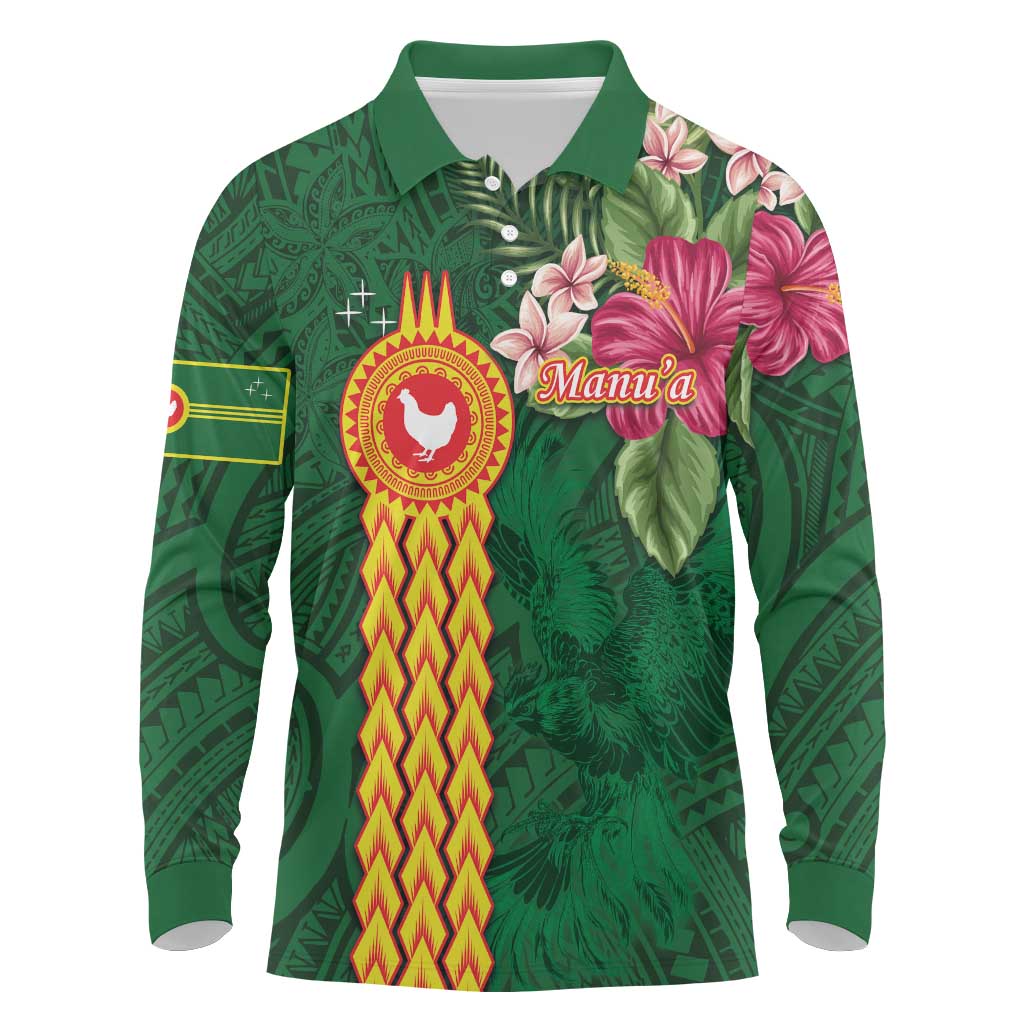 Manuʻa Islands Long Sleeve Polo Shirt Polynesian Style with Rooster Tattoo and Tropical Plants