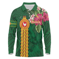 Manuʻa Islands Long Sleeve Polo Shirt Polynesian Style with Rooster Tattoo and Tropical Plants