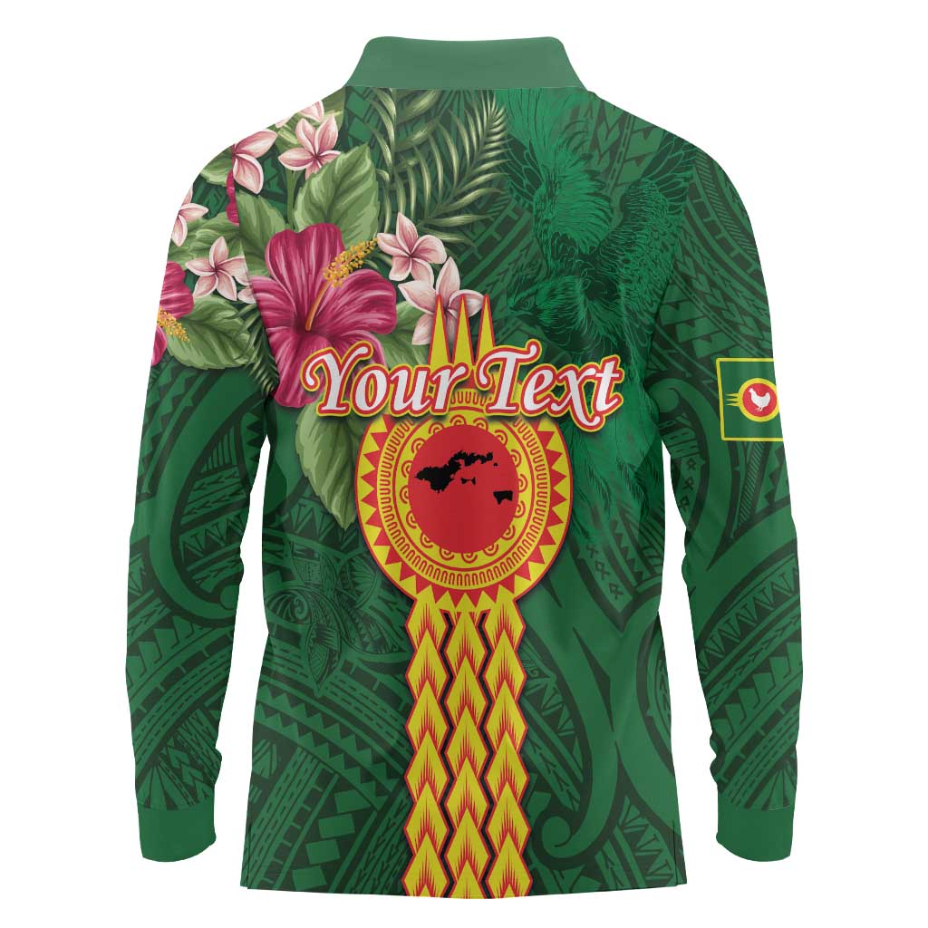 Manuʻa Islands Long Sleeve Polo Shirt Polynesian Style with Rooster Tattoo and Tropical Plants