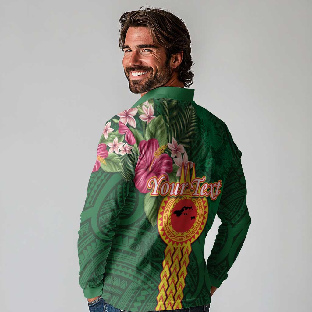 Manuʻa Islands Long Sleeve Polo Shirt Polynesian Style with Rooster Tattoo and Tropical Plants