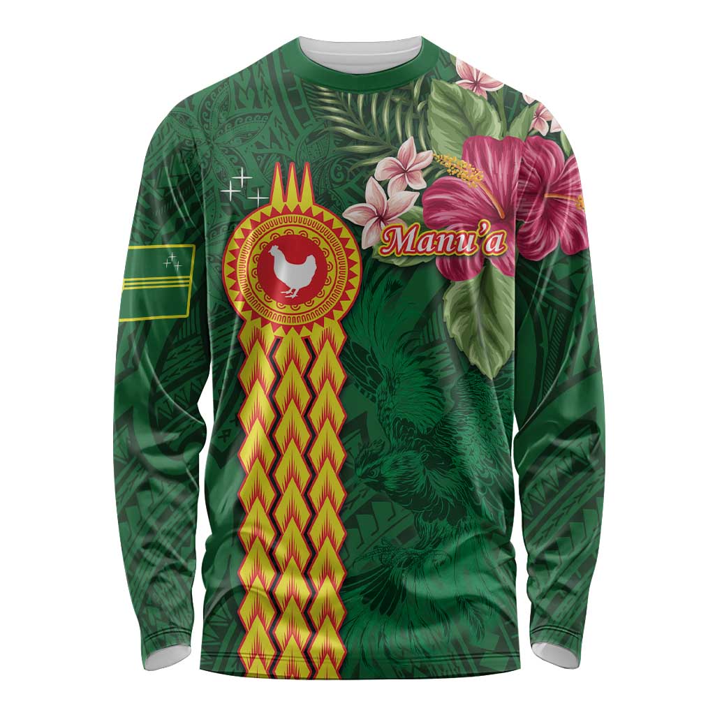 Personalised Manuʻa Islands Long Sleeve Shirt Polynesian Style with Rooster Tattoo and Tropical Plants LT03 Unisex Green - Polynesian Pride