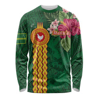 Personalised Manuʻa Islands Long Sleeve Shirt Polynesian Style with Rooster Tattoo and Tropical Plants LT03 Unisex Green - Polynesian Pride