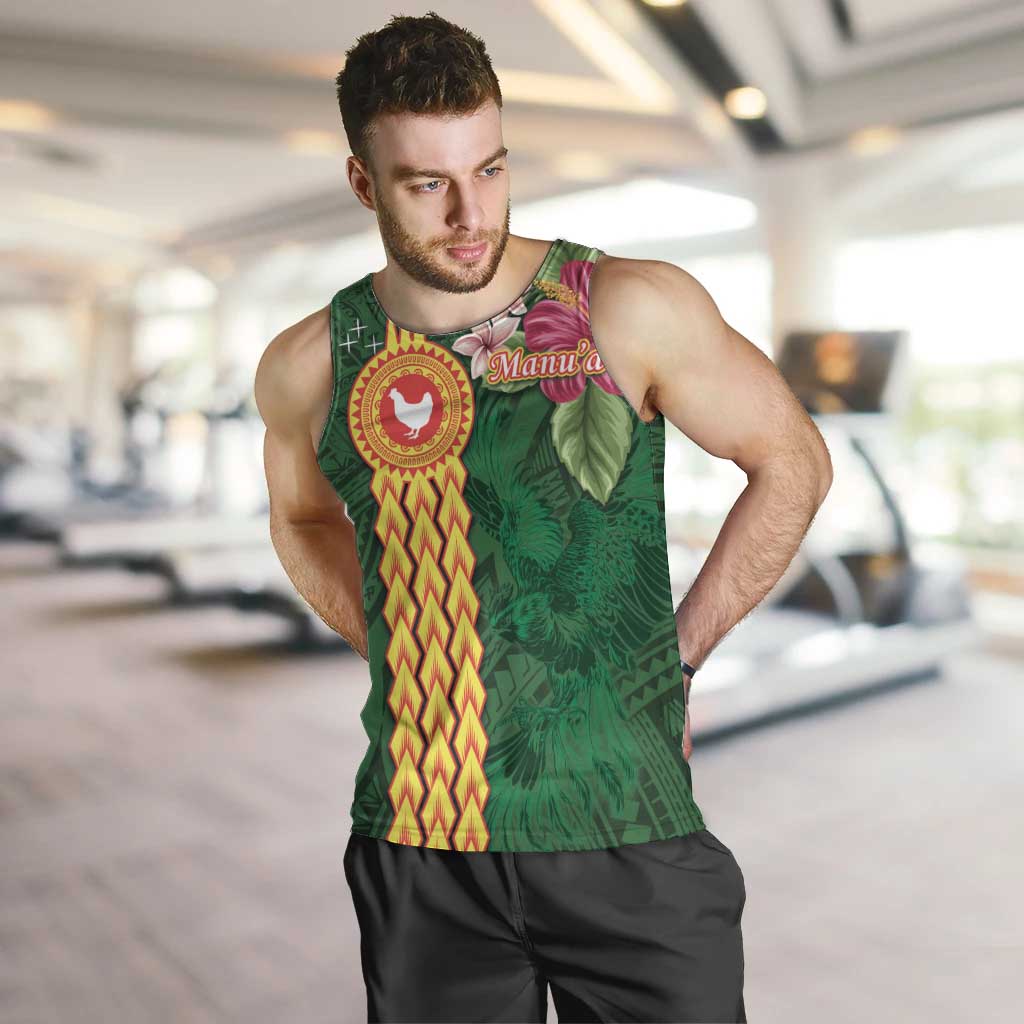 Personalised Manuʻa Islands Men Tank Top Polynesian Style with Rooster Tattoo and Tropical Plants LT03 Green - Polynesian Pride