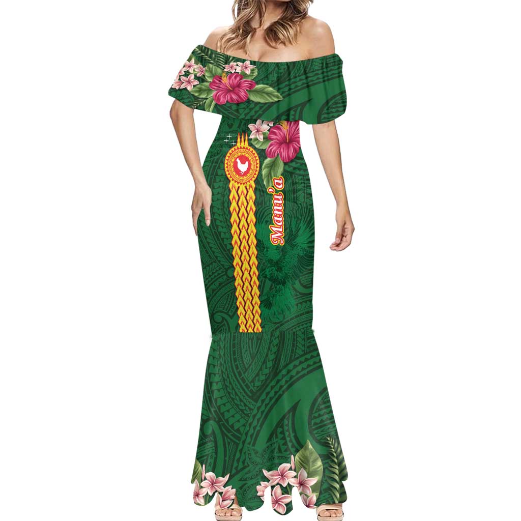 Manuʻa Islands Mermaid Dress Polynesian Style with Rooster Tattoo and Tropical Plants