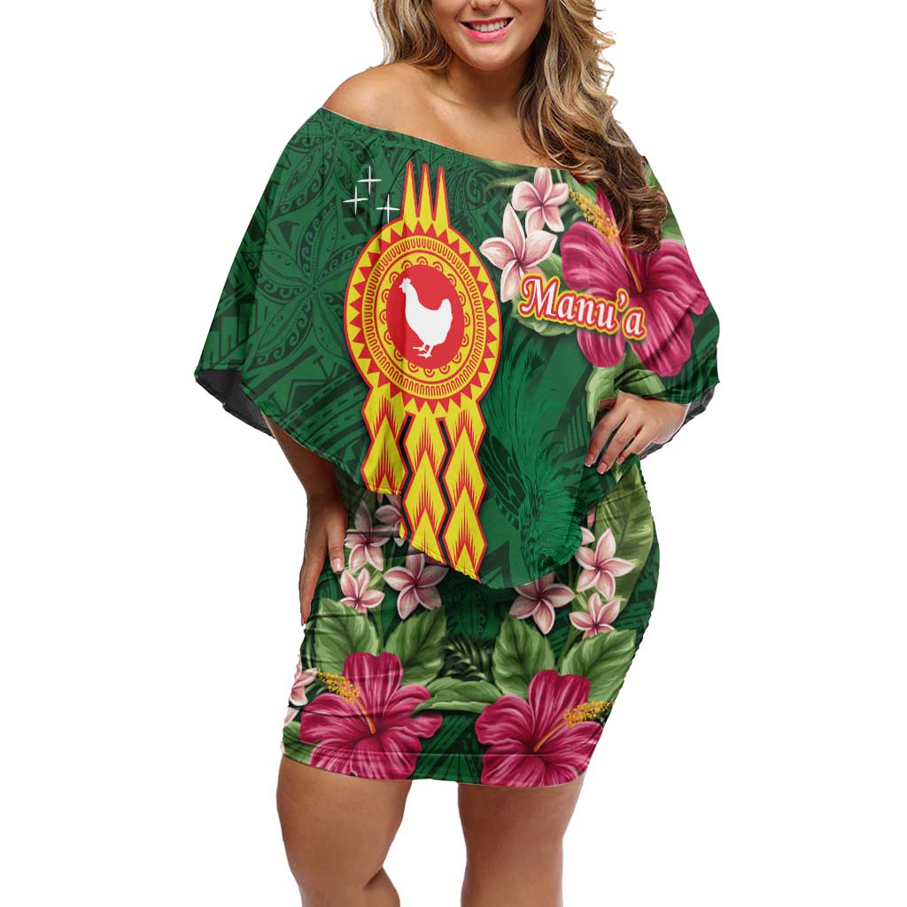 Manuʻa Islands Off Shoulder Short Dress Polynesian Style with Rooster Tattoo and Tropical Plants