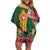 Manuʻa Islands Off Shoulder Short Dress Polynesian Style with Rooster Tattoo and Tropical Plants