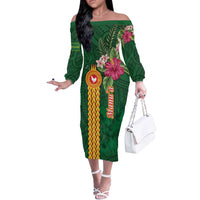 Manuʻa Islands Off The Shoulder Long Sleeve Dress Polynesian Style with Rooster Tattoo and Tropical Plants