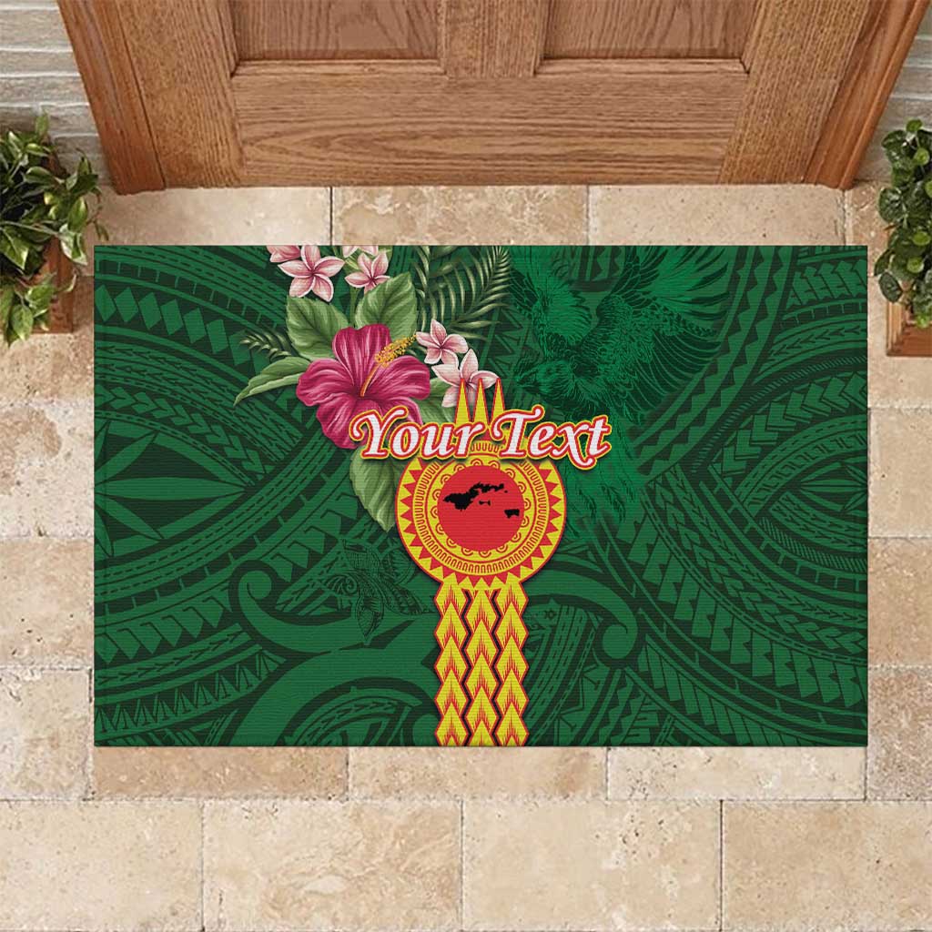 Personalised Manuʻa Islands Rubber Doormat Polynesian Style with Rooster Tattoo and Tropical Plants LT03 Green - Polynesian Pride