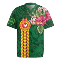 Manuʻa Islands Rugby Jersey Polynesian Style with Rooster Tattoo and Tropical Plants