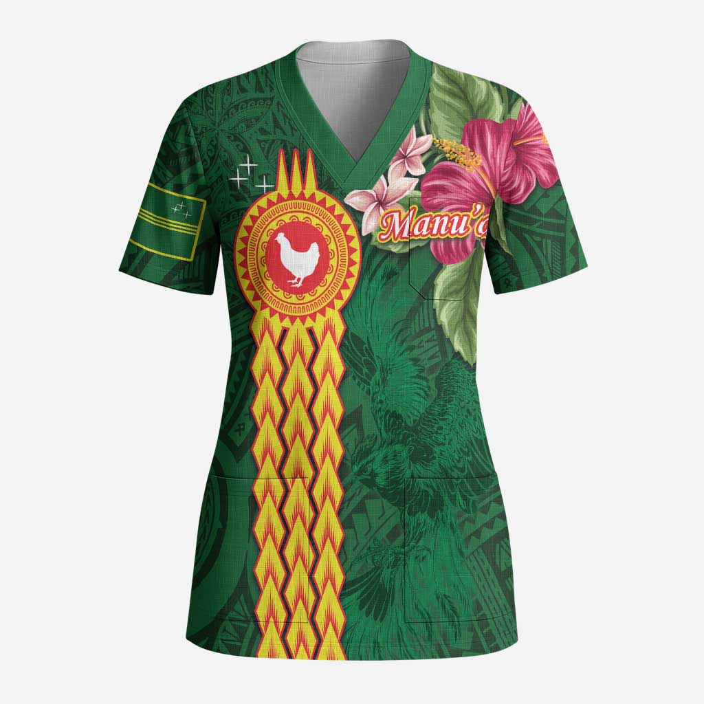 Manuʻa Islands Scrub Top Polynesian Style with Rooster Tattoo and Tropical Plants LT03 Adult Green - Polynesian Pride