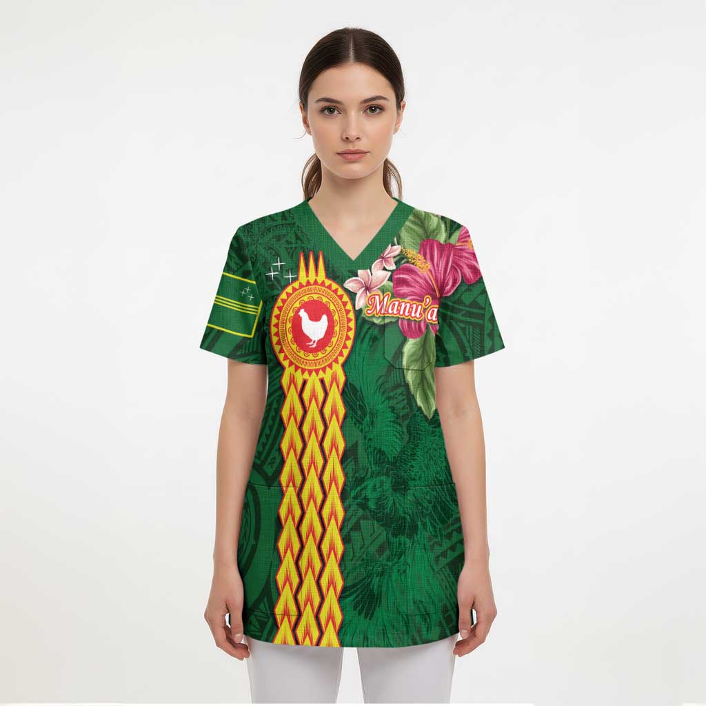 Manuʻa Islands Scrub Top Polynesian Style with Rooster Tattoo and Tropical Plants LT03 - Polynesian Pride