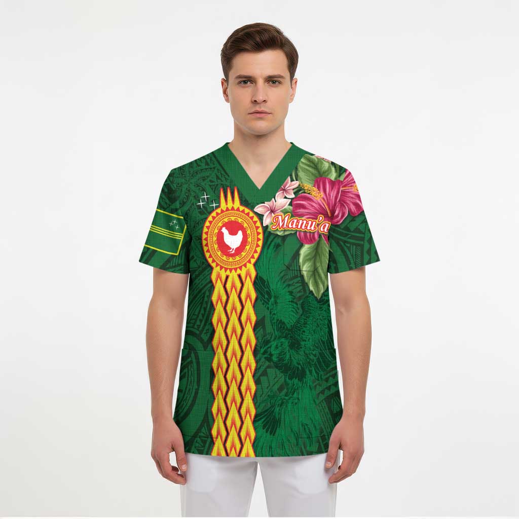 Manuʻa Islands Scrub Top Polynesian Style with Rooster Tattoo and Tropical Plants LT03 - Polynesian Pride