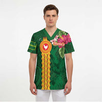 Manuʻa Islands Scrub Top Polynesian Style with Rooster Tattoo and Tropical Plants LT03 - Polynesian Pride