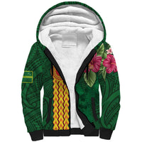Personalised Manuʻa Islands Sherpa Hoodie Polynesian Style with Rooster Tattoo and Tropical Plants LT03 Unisex Green - Polynesian Pride
