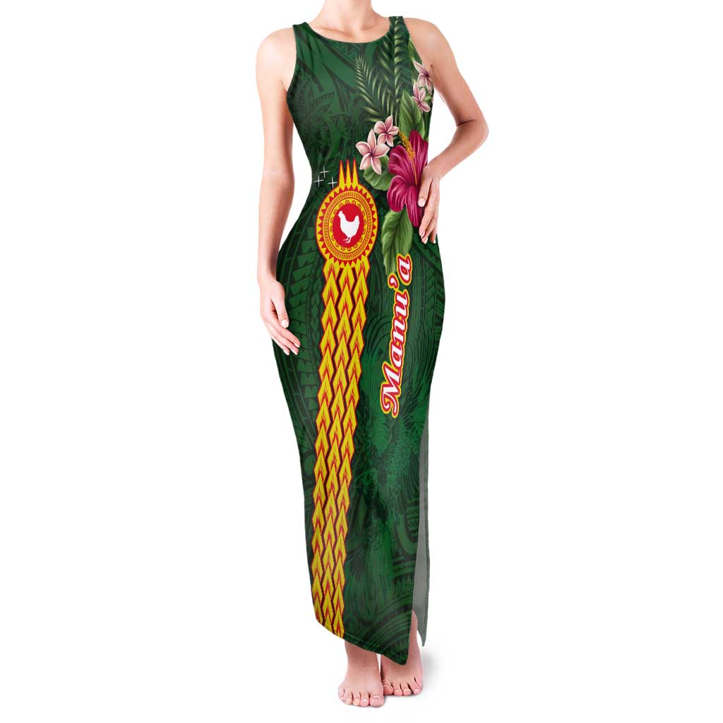 Manuʻa Islands Tank Maxi Dress Polynesian Style with Rooster Tattoo and Tropical Plants