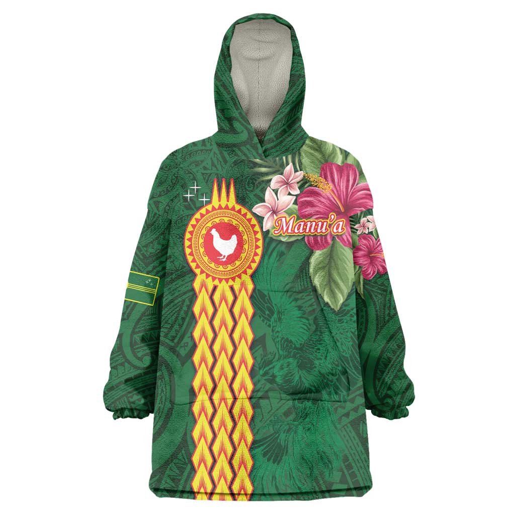 Personalised Manuʻa Islands Wearable Blanket Hoodie Polynesian Style with Rooster Tattoo and Tropical Plants LT03 One Size Green - Polynesian Pride