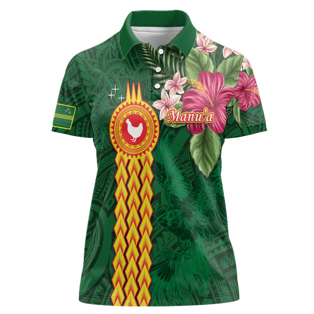 Manuʻa Islands Women Polo Shirt Polynesian Style with Rooster Tattoo and Tropical Plants