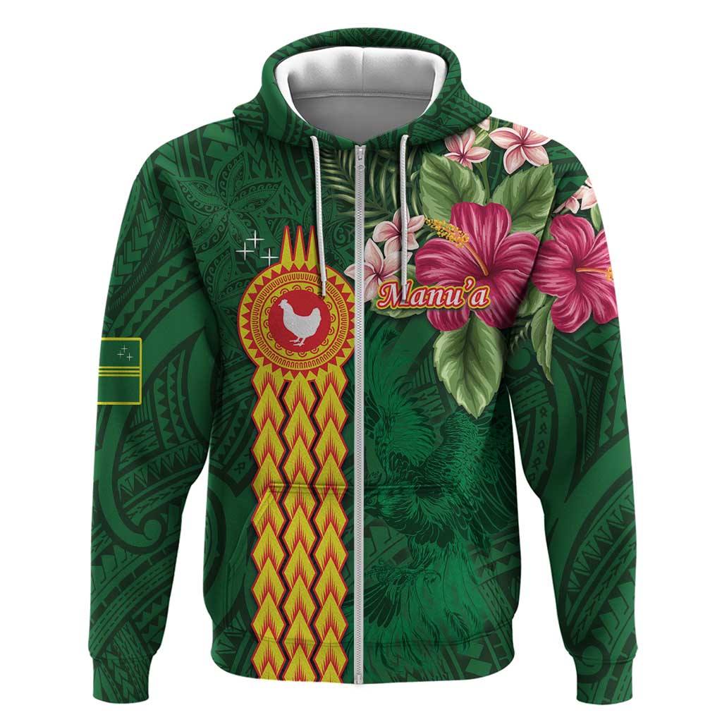 Manuʻa Islands Zip Hoodie Polynesian Style with Rooster Tattoo and Tropical Plants