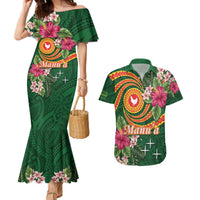 Manuʻa Islands Couples Matching Mermaid Dress and Hawaiian Shirt Polynesian Art Tattoo Style and Tropical Plants