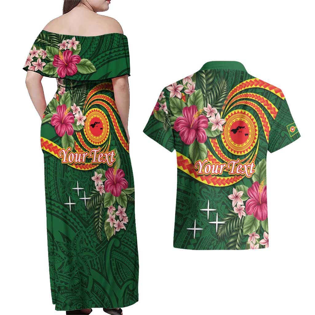 Manuʻa Islands Couples Matching Off Shoulder Maxi Dress and Hawaiian Shirt Polynesian Art Tattoo Style and Tropical Plants