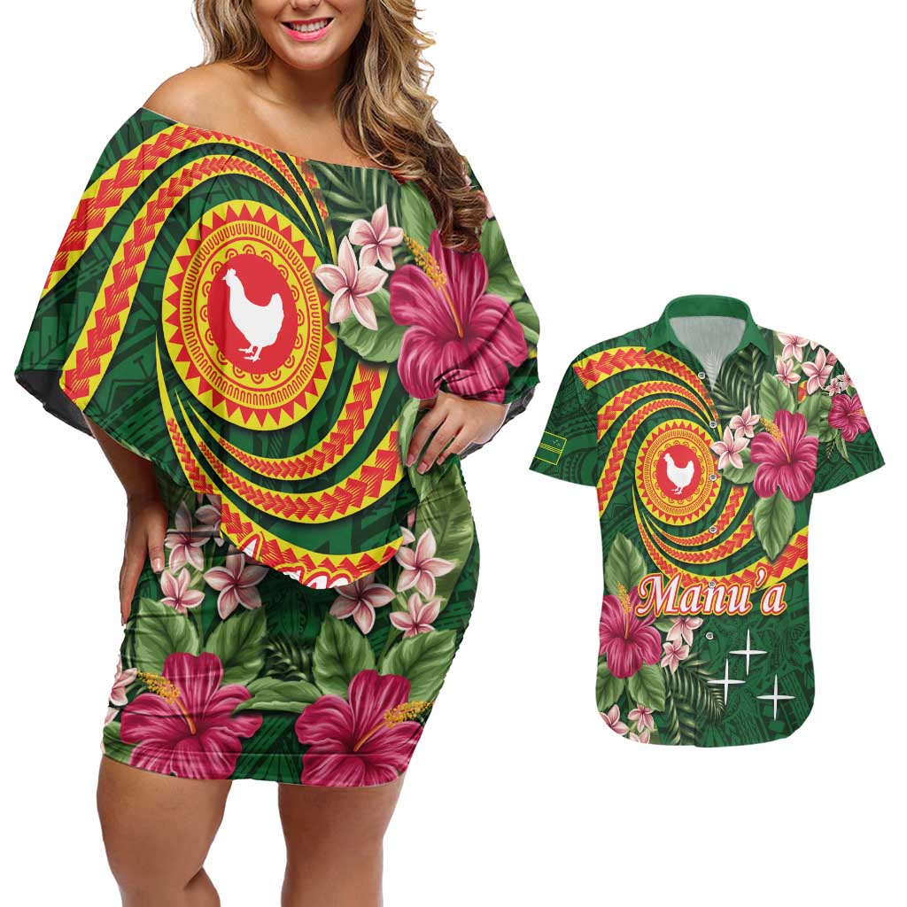 Personalised Manuʻa Islands Couples Matching Off Shoulder Short Dress and Hawaiian Shirt Polynesian Art Tattoo Style and Tropical Plants LT03 Green - Polynesian Pride