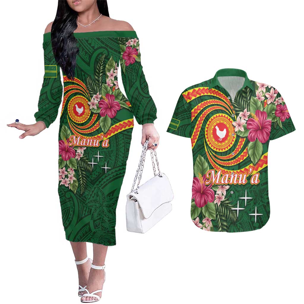 Personalised Manuʻa Islands Couples Matching Off The Shoulder Long Sleeve Dress and Hawaiian Shirt Polynesian Art Tattoo Style and Tropical Plants LT03 Green - Polynesian Pride