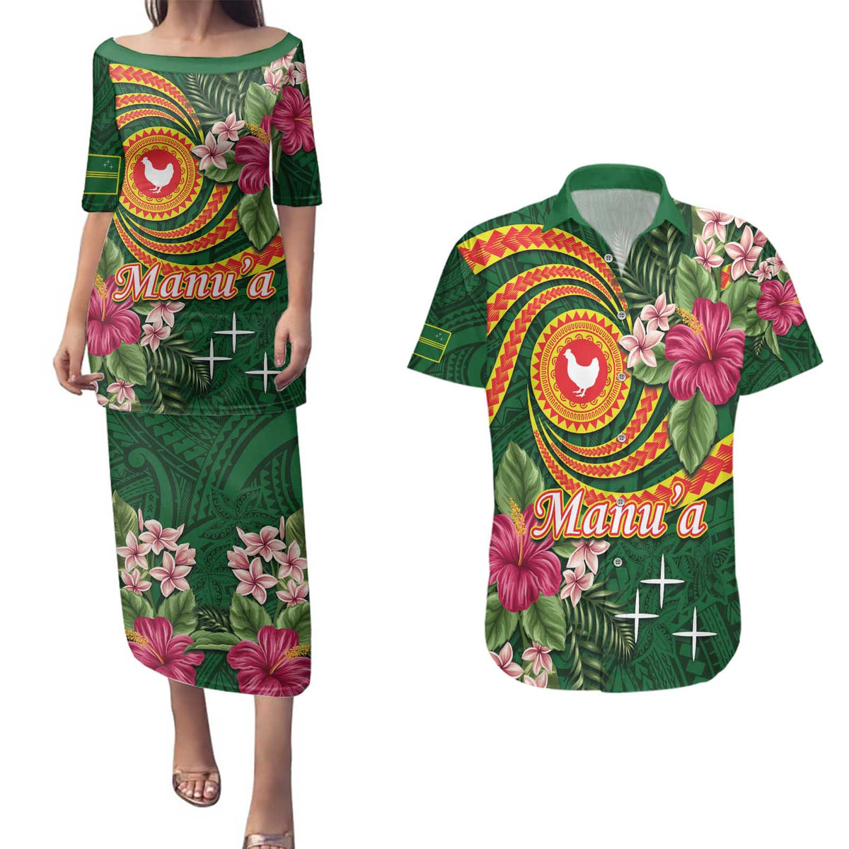 Manuʻa Islands Couples Matching Puletasi and Hawaiian Shirt Polynesian Art Tattoo Style and Tropical Plants