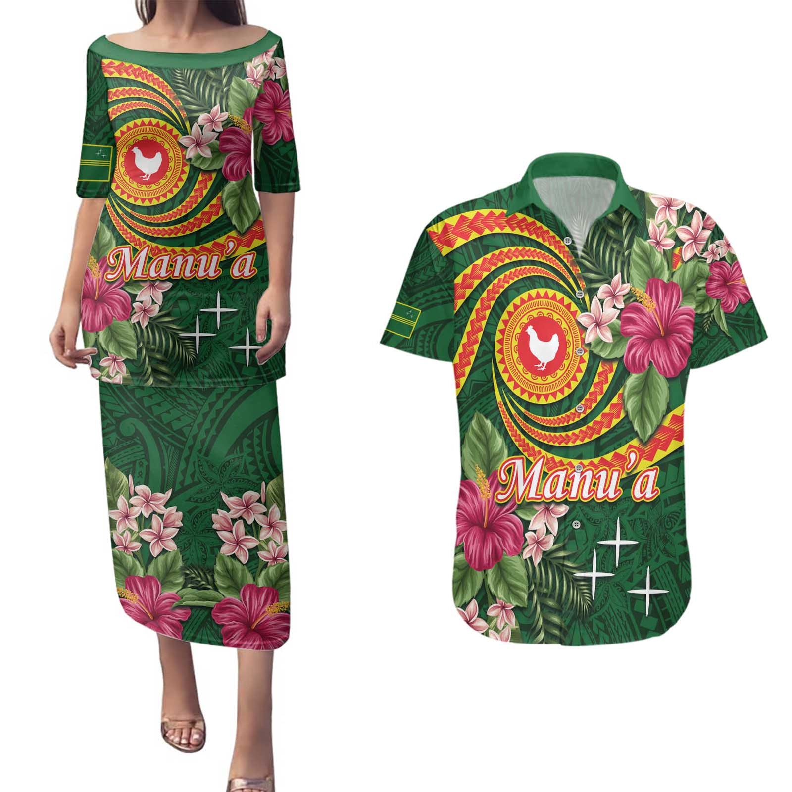 Personalised Manuʻa Islands Couples Matching Puletasi and Hawaiian Shirt Polynesian Art Tattoo Style and Tropical Plants LT03 Green - Polynesian Pride