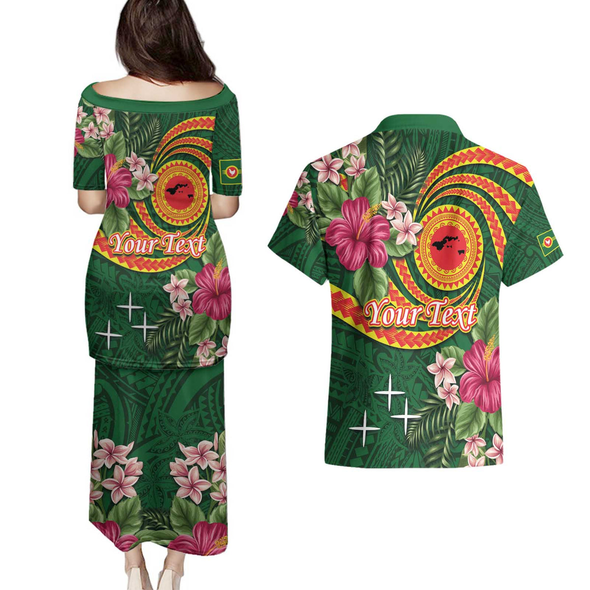 Manuʻa Islands Couples Matching Puletasi and Hawaiian Shirt Polynesian Art Tattoo Style and Tropical Plants