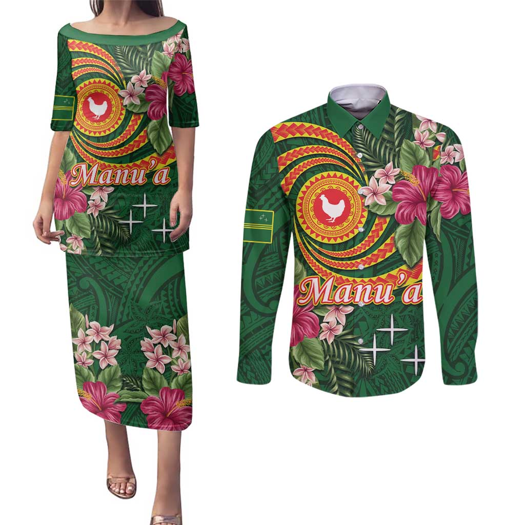 Manuʻa Islands Couples Matching Puletasi and Long Sleeve Button Shirt Polynesian Art Tattoo Style and Tropical Plants