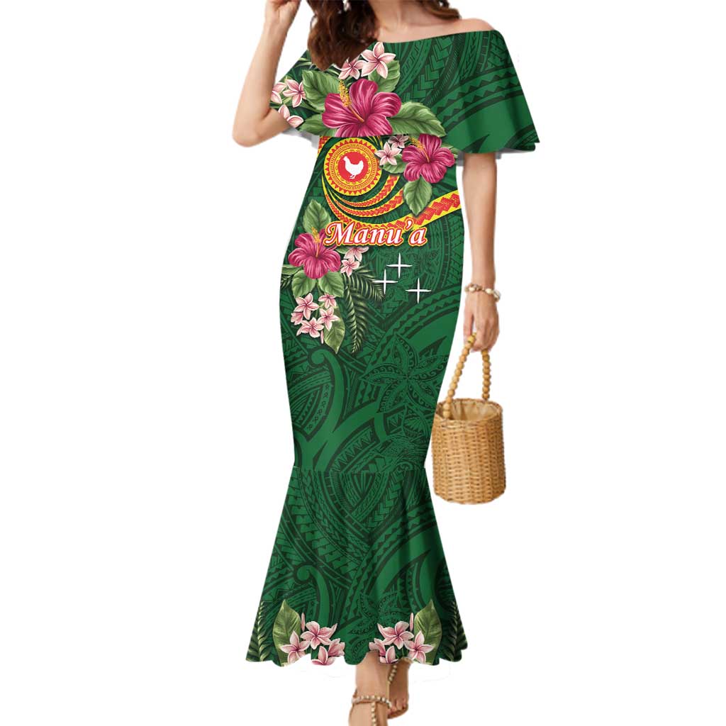 Manuʻa Islands Family Matching Mermaid Dress and Hawaiian Shirt Polynesian Art Tattoo Style and Tropical Plants