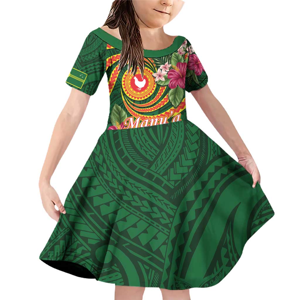 Manuʻa Islands Family Matching Off Shoulder Short Dress and Hawaiian Shirt Polynesian Art Tattoo Style and Tropical Plants