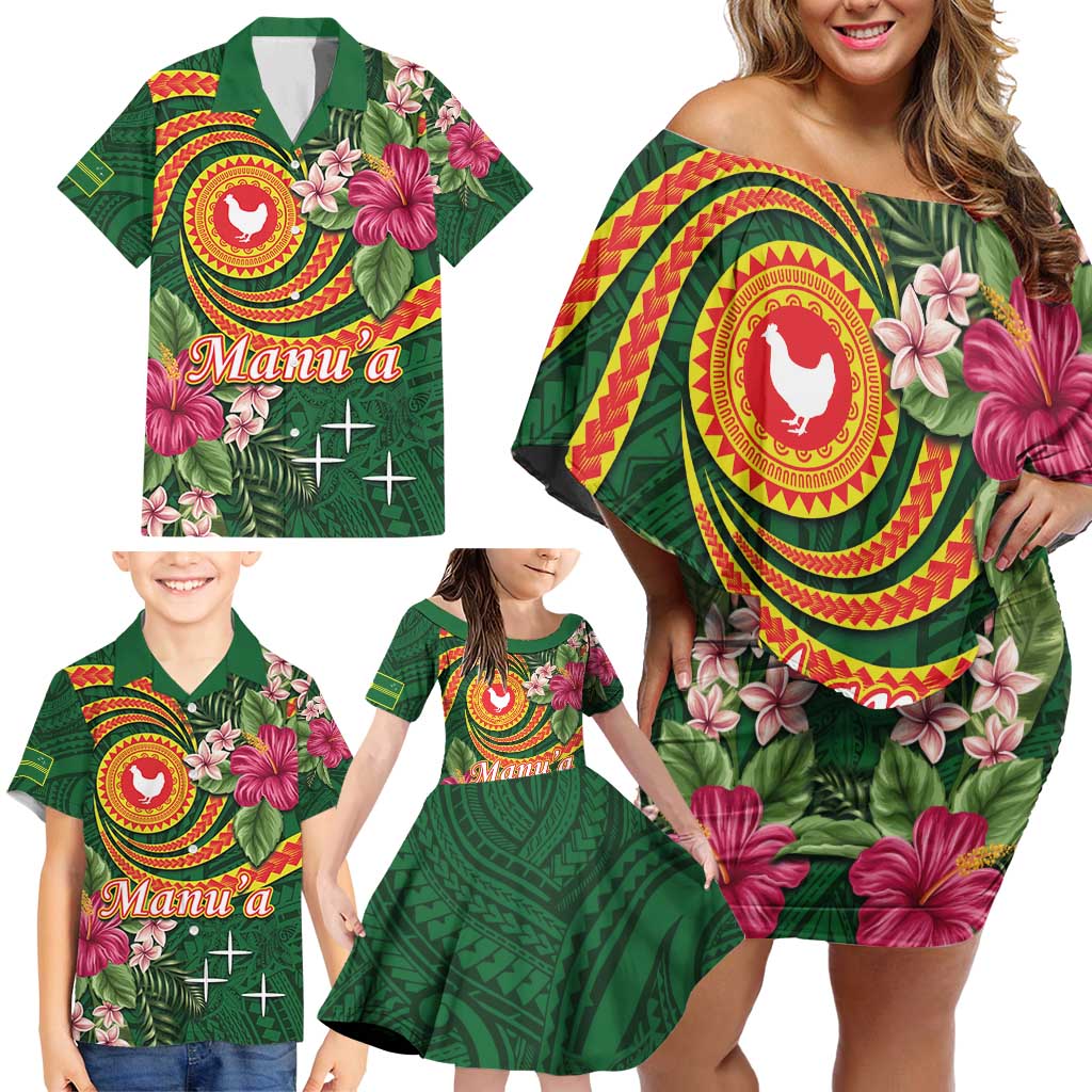 Manuʻa Islands Family Matching Off Shoulder Short Dress and Hawaiian Shirt Polynesian Art Tattoo Style and Tropical Plants