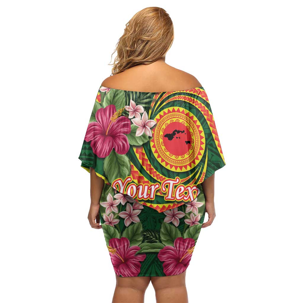 Manuʻa Islands Family Matching Off Shoulder Short Dress and Hawaiian Shirt Polynesian Art Tattoo Style and Tropical Plants