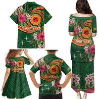 Manuʻa Islands Family Matching Puletasi and Hawaiian Shirt Polynesian Art Tattoo Style and Tropical Plants